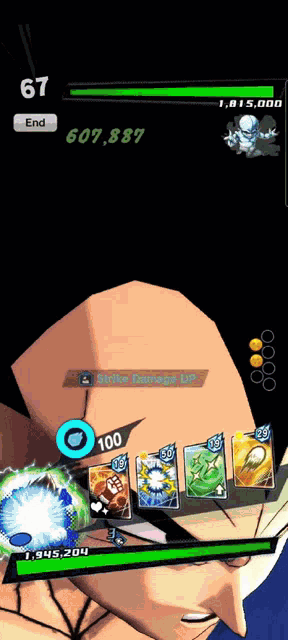 a screenshot of a video game with a bald man 's head and a strike damage up button .