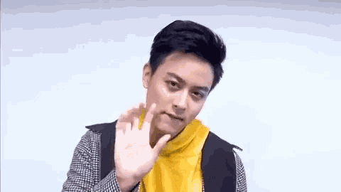 a young man in a yellow hoodie and plaid jacket is waving his hand .