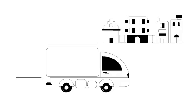 a black and white drawing of a truck driving past buildings .