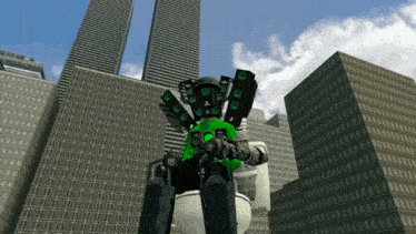 a green robot is sitting on a toilet in front of two tall buildings