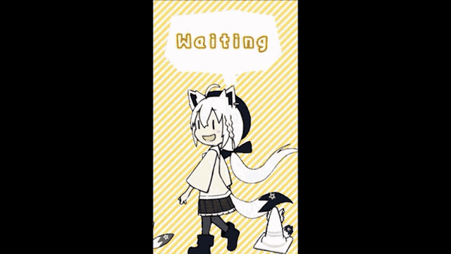 a cartoon of a girl with a fox tail and a speech bubble that says ' waiting '