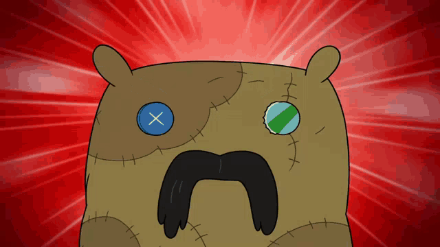 a cartoon drawing of a stuffed animal with a mustache and a x on its head