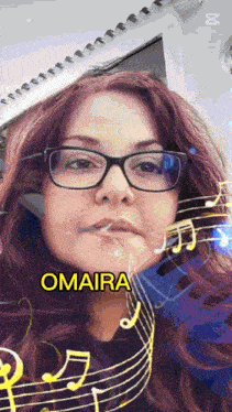 a woman wearing glasses and the name omaira is surrounded by music notes