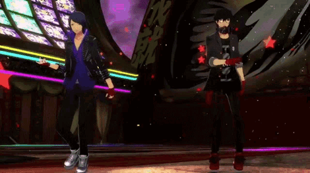 two men are dancing in a video game and one of them has a shirt that says ' ak ' on it