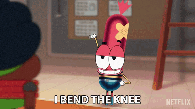 a cartoon character says " i bend the knee " in a netflix ad