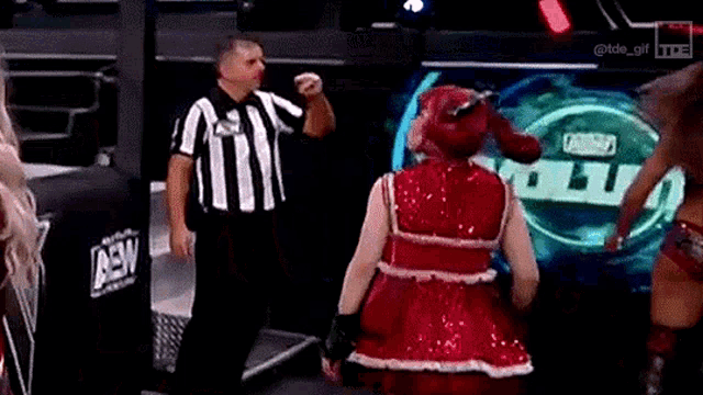 a woman in a red dress is standing in front of a referee in a wrestling ring .