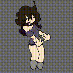 a cartoon girl is standing in front of a gray background . she is wearing a purple shirt and shorts .