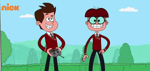 two cartoon characters are standing next to each other with a nick logo in the corner