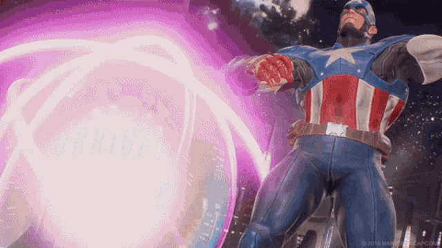 captain america is standing in front of a purple explosion in a video game