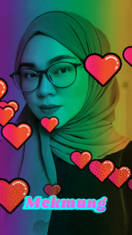 a woman wearing glasses and a hijab is surrounded by hearts and the name mekming