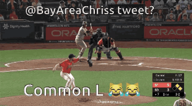 a baseball game is being played with a tweet from @bayareachriss tweeting