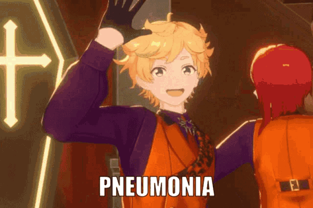 a cartoon character with the word pneumonia written on it