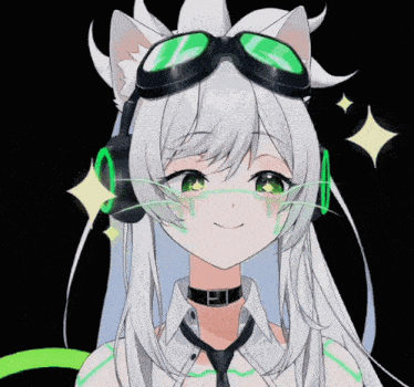 a girl with white hair and green eyes is wearing headphones and a tie