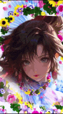 a picture of a girl with flowers around her