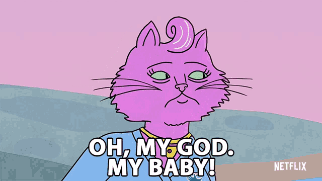 a cartoon cat says oh my god my baby on a pink background