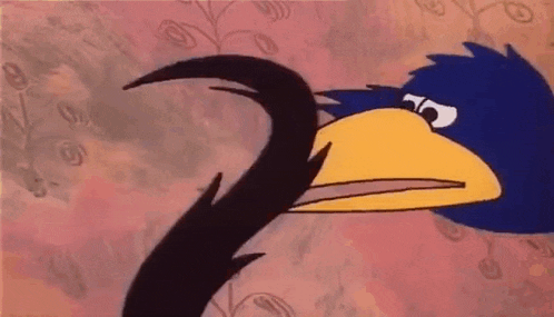 a cartoon bird with a long black tail and a yellow beak is looking at something .