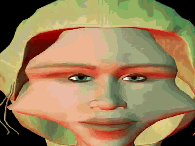 a close up of a woman 's face with a green hat