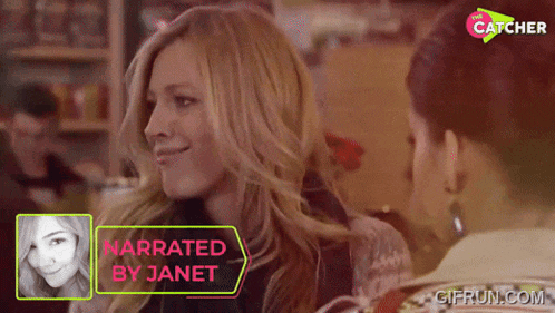 a woman is being narrated by janet in a gif from the catcher