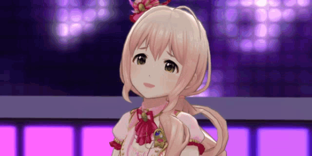 a cartoon girl with blonde hair and a flower in her hair is standing in front of a purple background .