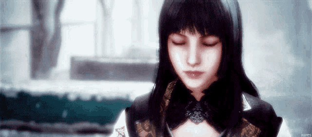 a woman with long black hair is standing with her eyes closed .