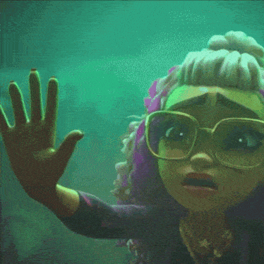 a cartoon girl with glasses and purple hair is reaching out her hand