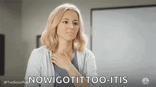 a woman is holding her hand to her chest and saying `` now gotit too-itis '' .
