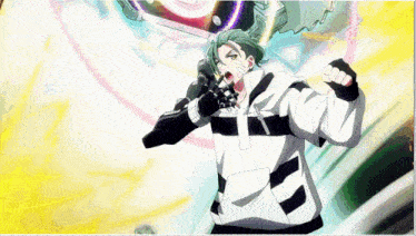 a man with green hair is holding a microphone and a sword