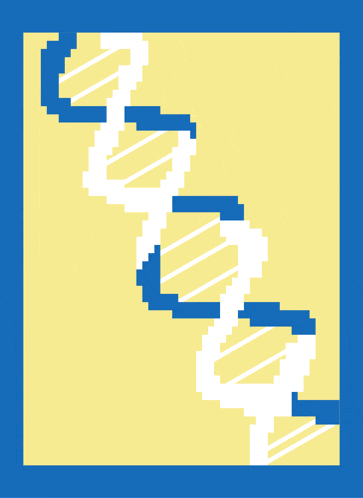 a pixel art of a dna molecule on a yellow and blue background
