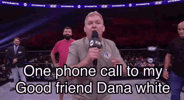 a man speaking into a microphone with the words " one phone call to my good friend dana white " below him