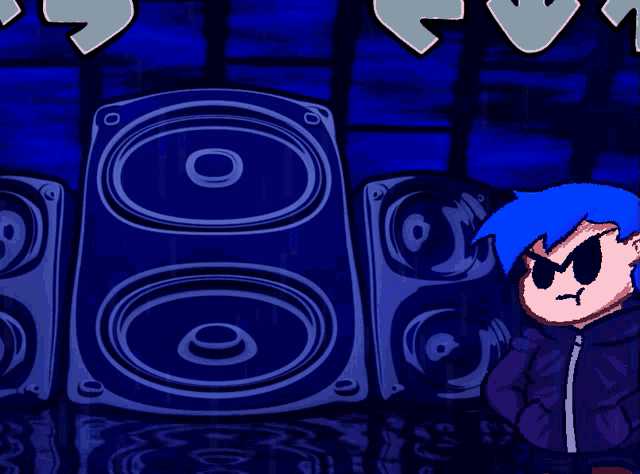 a cartoon character with blue hair standing in front of speakers