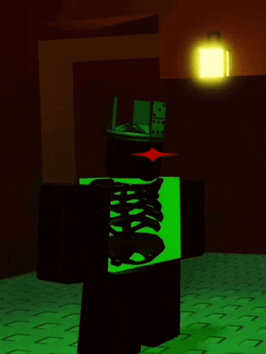 a cartoon character with a green shirt is standing in a dark room with a lantern in the background .
