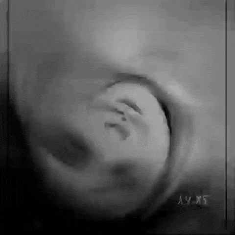 a black and white photo of a person 's face with ay xs written on the bottom right