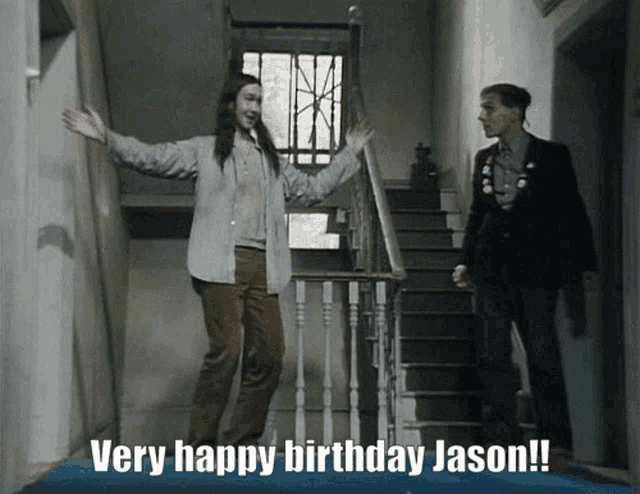 two people standing on a set of stairs with the words very happy birthday jason below them