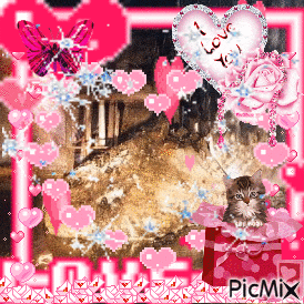 a picture of a cat surrounded by pink hearts and a heart that says " i love you "