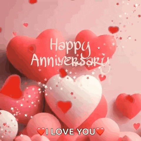 a happy anniversary greeting card with hearts and stars