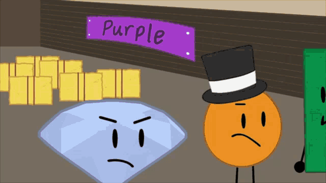 a purple sign with a diamond and a top hat in front of it