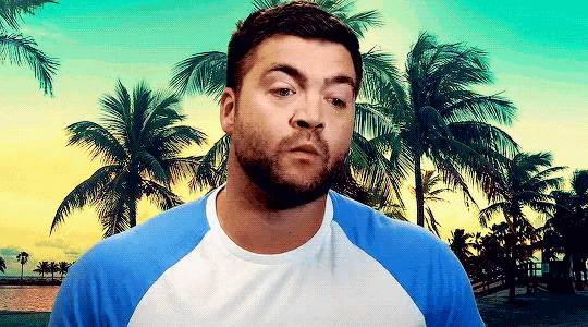 a man with a beard wearing a blue and white shirt stands in front of palm trees