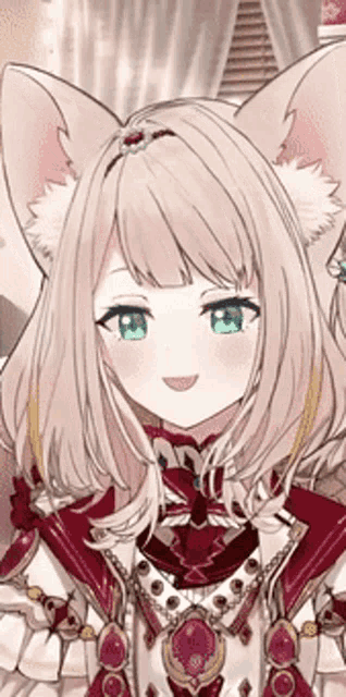 a close up of a girl with cat ears wearing a dress and a bow .