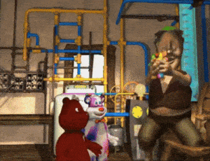 a cartoon of a man holding a toy gun standing next to a stuffed animal