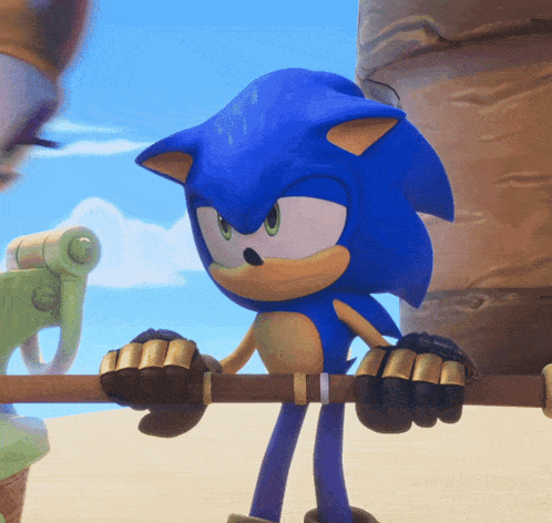 a cartoon character named sonic is standing on a wooden pole