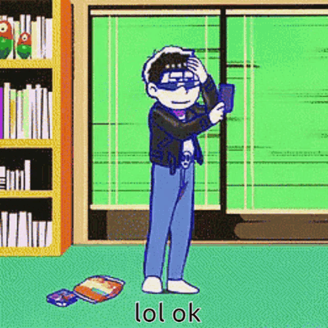 a cartoon character is standing in front of a bookshelf and holding a cell phone while wearing sunglasses .