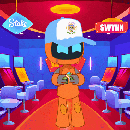 a cartoon character holding money in front of a sign that says stake and $wynn