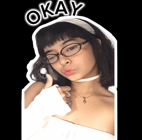 a girl wearing glasses and a choker with the word okay above her