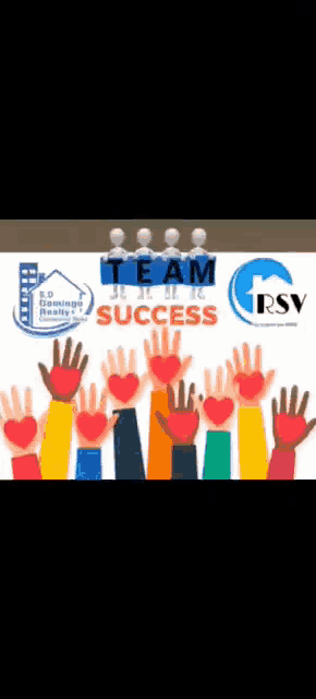 a group of people holding up their hands with hearts and a sign that says team success