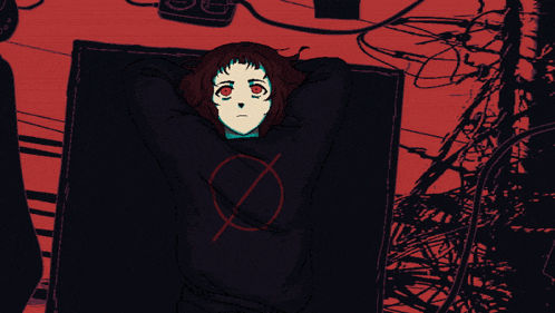 a drawing of a girl with red eyes and a black shirt with a circle on it