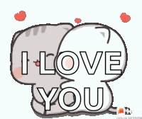 a cartoon cat says `` i love you '' with hearts around it .