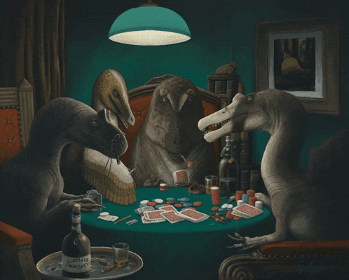 a painting of dinosaurs playing poker with a bottle of glenfiddich whiskey