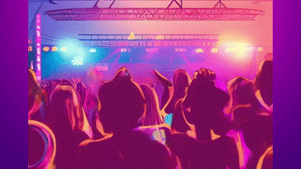 a crowd of people are standing in front of a stage at a concert and dancing .