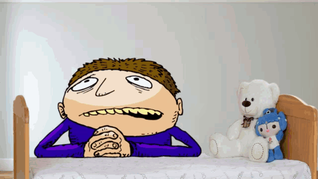 a cartoon of a boy laying on a bed with a teddy bear