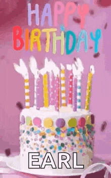 a happy birthday earl gif with a birthday cake and candles .